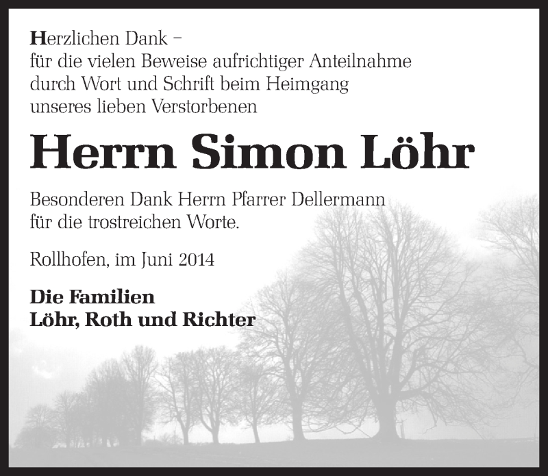  Traueranzeige für Simon Löhr vom 14.06.2014 aus Pegnitz-Zeitung